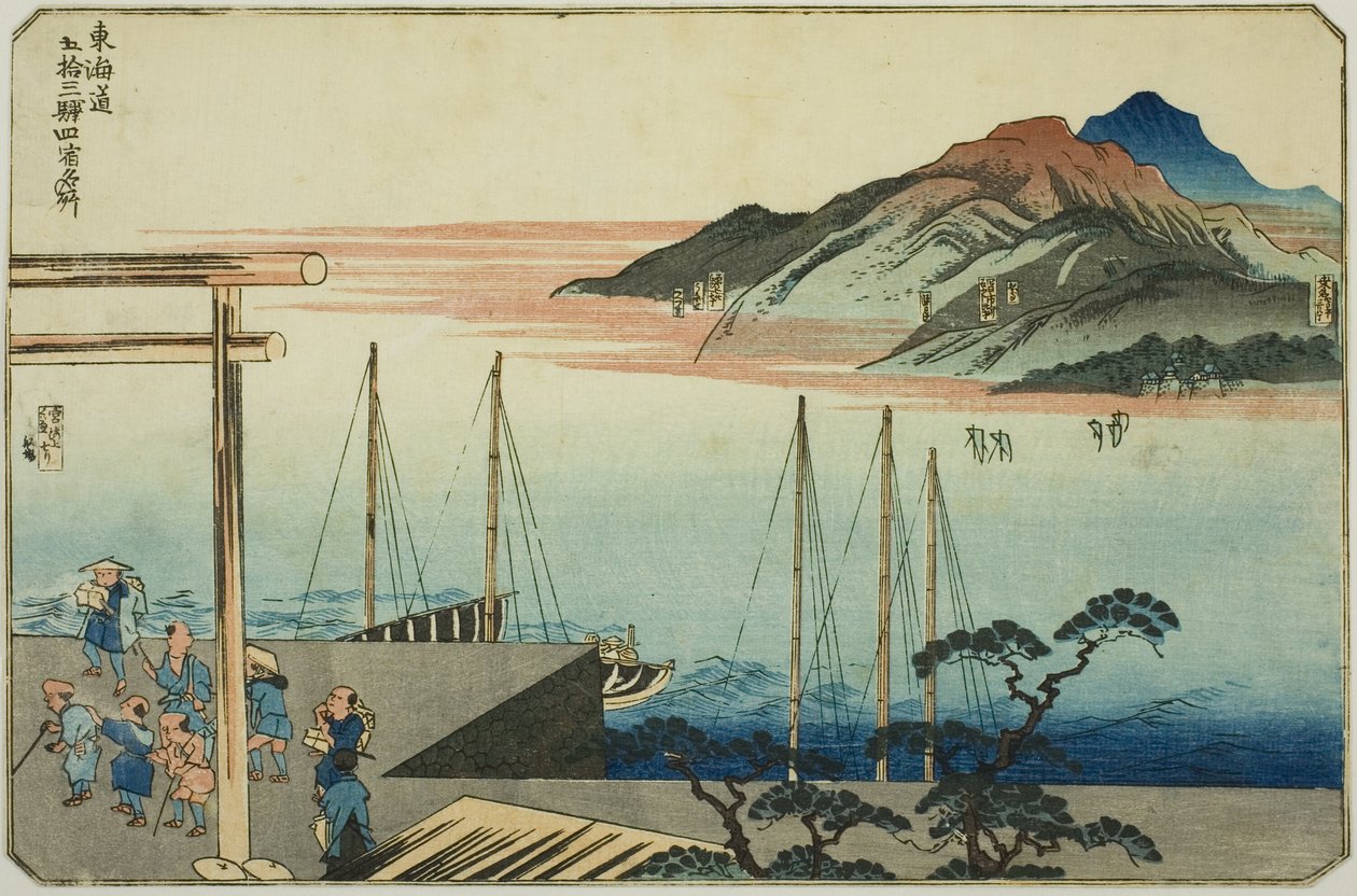 Miya, Kuwana, Yokkaichi och Ishiyakushi, från serien "Famous Places on the Fifty-three Stations of the Tokaido, Four Stations (Tokaido gojusan eki yonshuku meisho)" av Utagawa Kuniyoshi