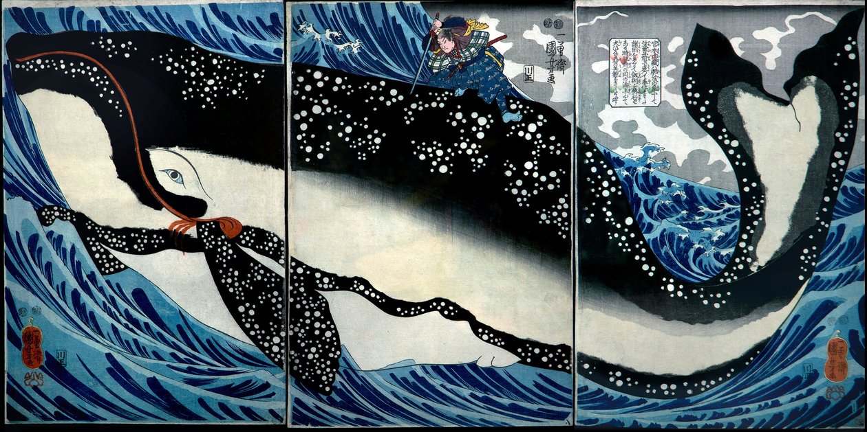Miyamoto Musashi dödar en enorm val, ca 1847 av Utagawa Kuniyoshi