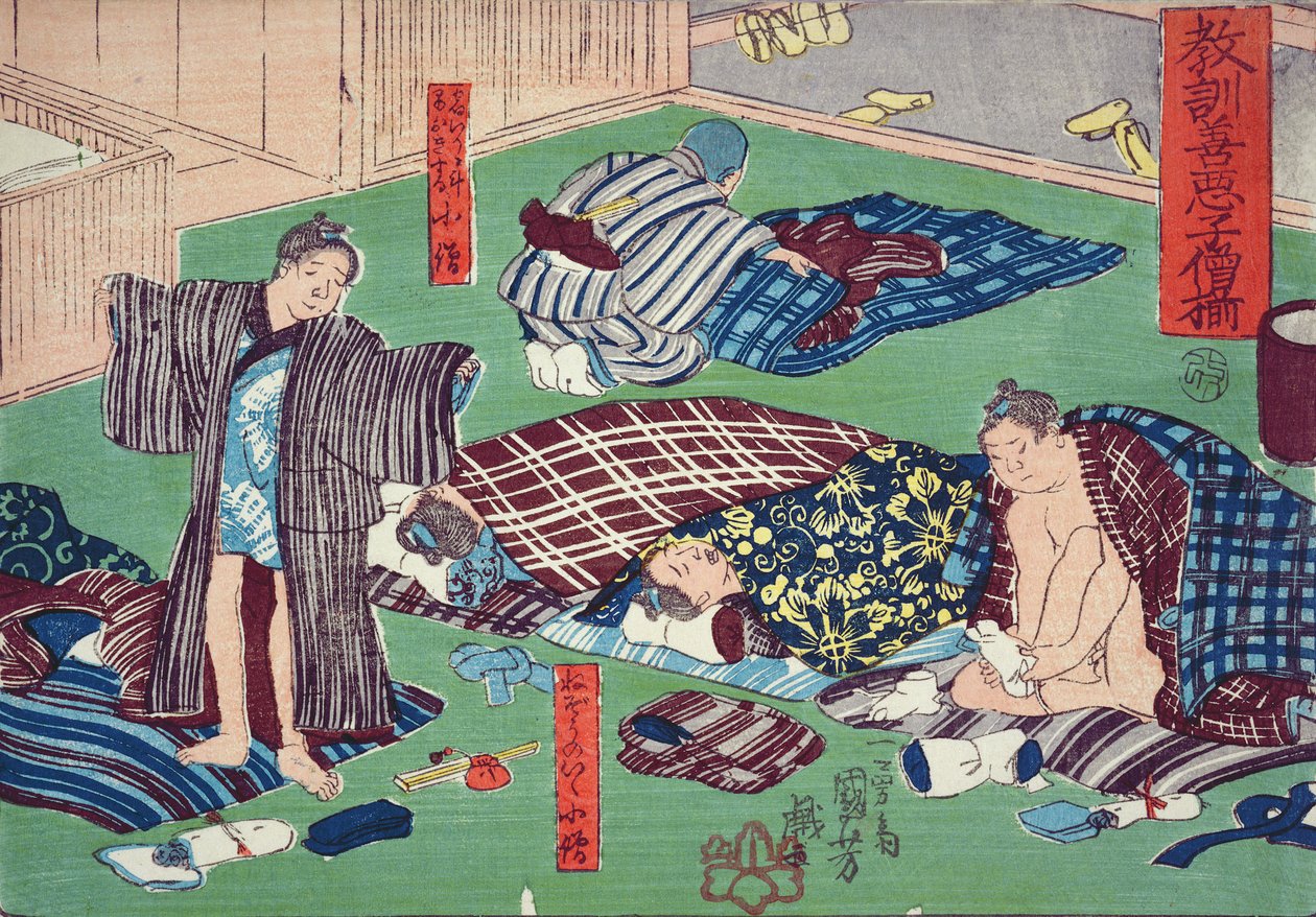 Moralisk undervisning för shopboys, ger bra och dåliga exempel på beteende, 1857 (träblock i färg) av Utagawa Kuniyoshi