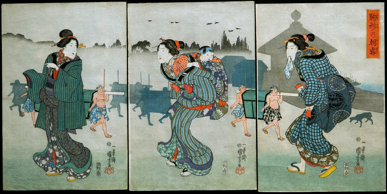 Morgondimma vid Komagata (Komagata no asagiri): Amusements of the Four Seasons (Shiki yūkan), ca 1846 av Utagawa Kuniyoshi