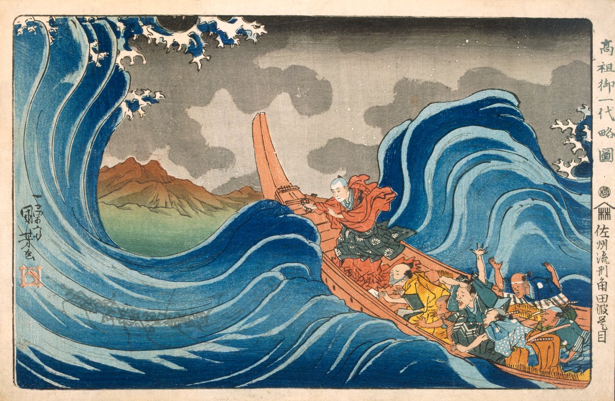 Nichiren lugnar stormen, c1830-talet. av Utagawa Kuniyoshi