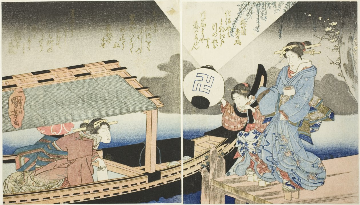 Nattscenario ombord på en fritidsbåt av Utagawa Kuniyoshi