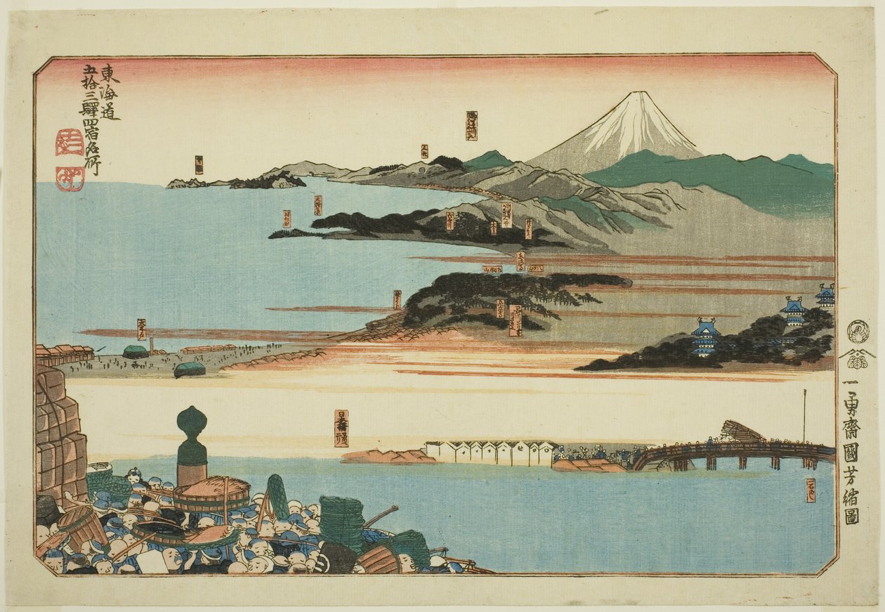 Nihonbashi, Shinagawa, Kawasaki och Kanagawa, från serien "Famous Places on the Fifty-three Stations of the Tokaido, Four Stations (Tokaido gojusan eki yonshuku meisho)" av Utagawa Kuniyoshi