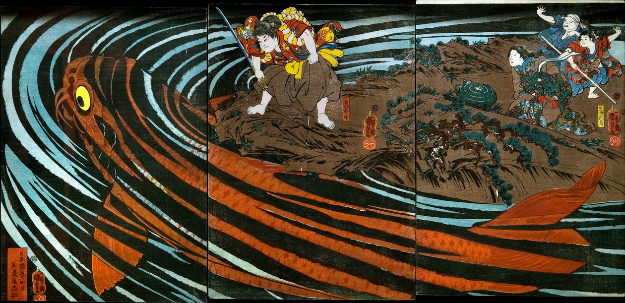 Oniwaka-maru på väg att attackera den monstruösa karpen av Utagawa Kuniyoshi