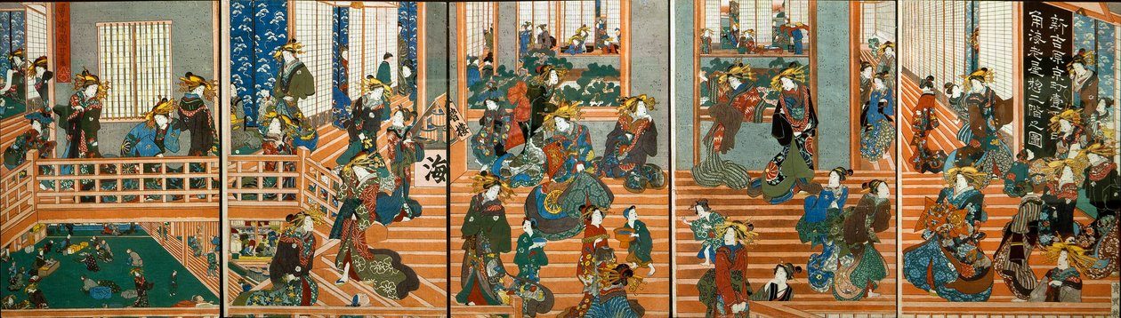 Vy ovanifrån på övervåningen av Kado-Ebiya av Utagawa Kuniyoshi
