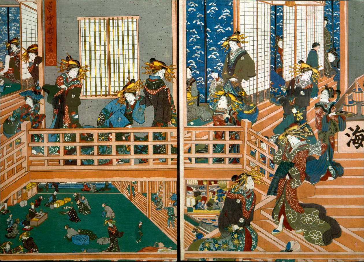 Vy ovanifrån på övervåningen av Kado-Ebiya av Utagawa Kuniyoshi