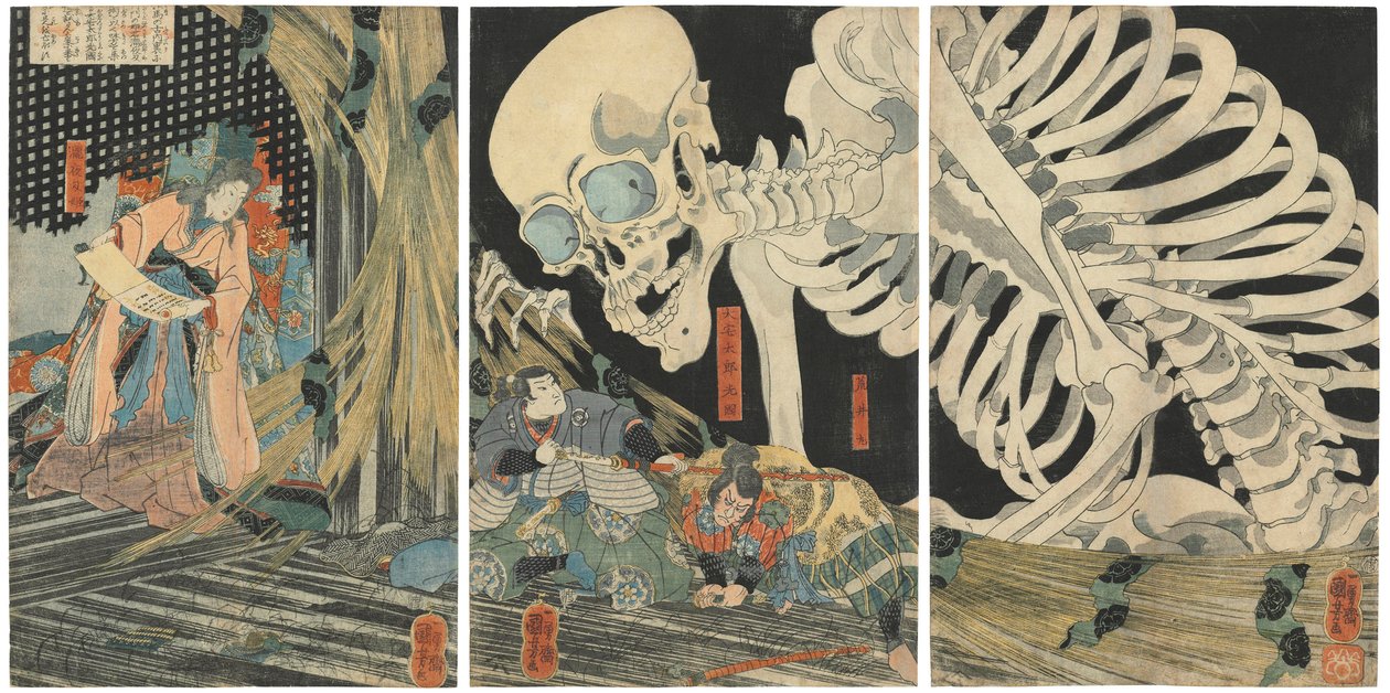 Oyataro Mitsukuni trotsar skelettspöket som trollades fram av prinsessan Takiyasha, 1844-1845. av Utagawa Kuniyoshi