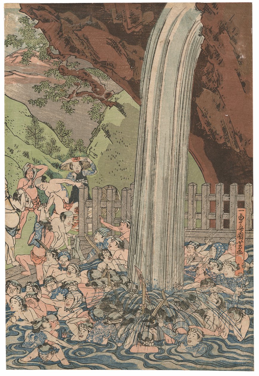 Pilgrims at the Roben Waterfall at Oyama, signerad Ichiyusai Kuniyoshi, publicerad av Azumaya Daisuke, kiwamesäl, Oban tate-e triptyk (träblock i färg) av Utagawa Kuniyoshi