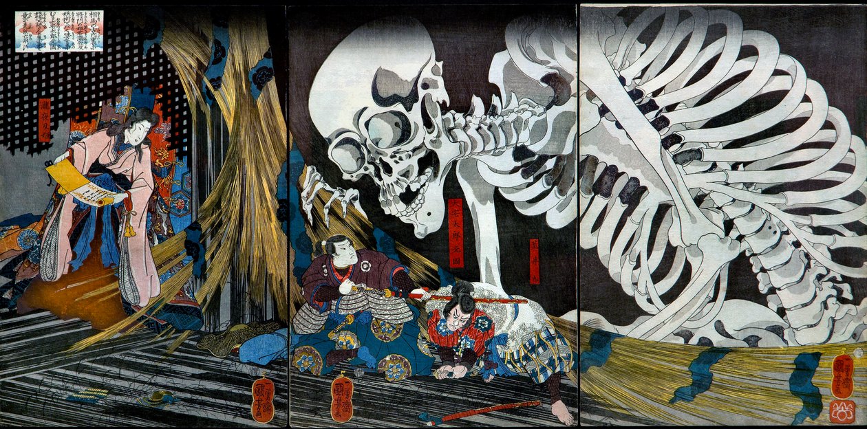 Prinsessan Takiyasha kallar fram ett monstruöst skelettspöke vid det gamla palatset i Sōma, ca 1845-46 av Utagawa Kuniyoshi