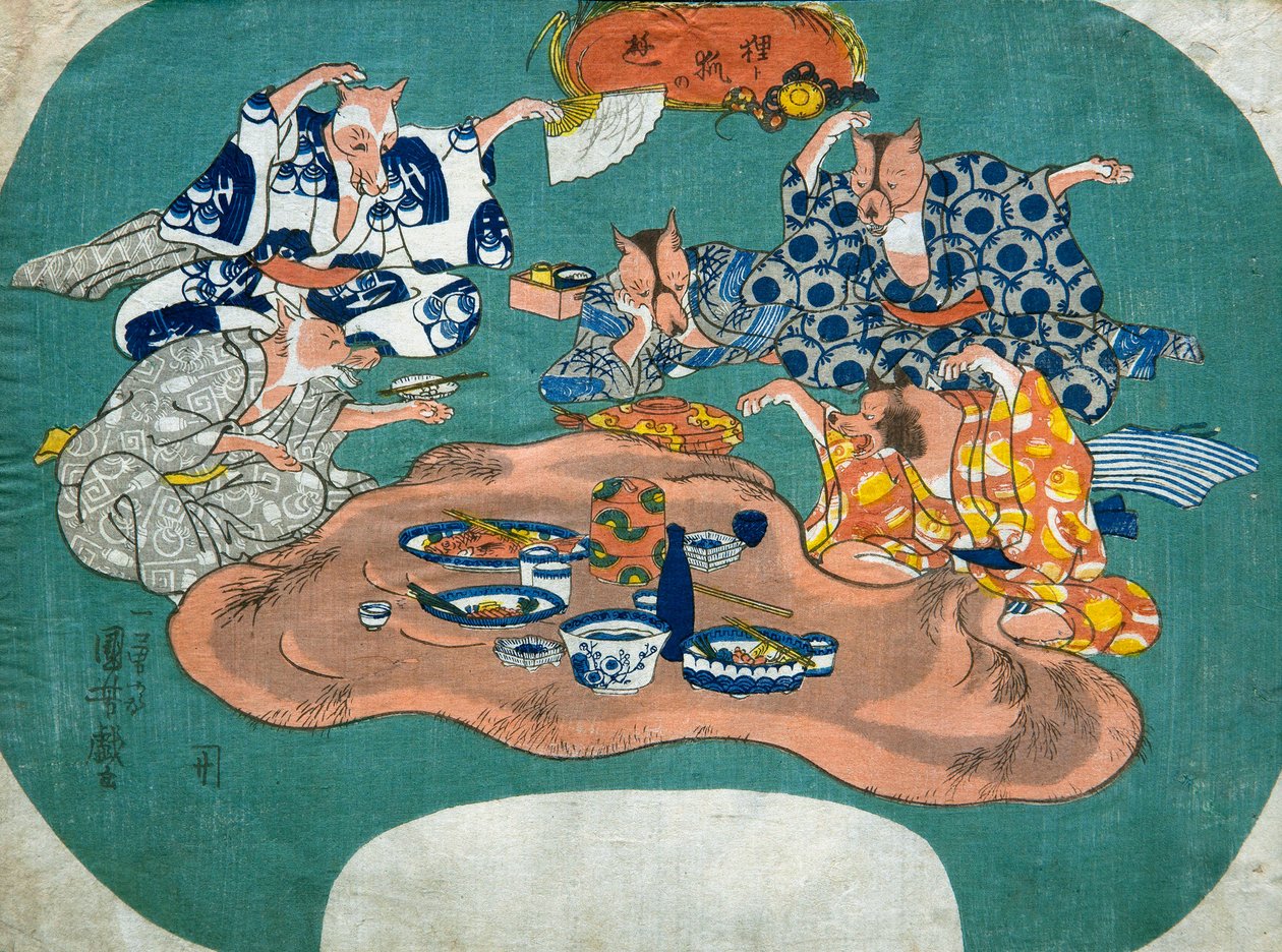 Racoon Dog and Fox at Play (Tanuki to kitsune no asobi), ca 1842 av Utagawa Kuniyoshi