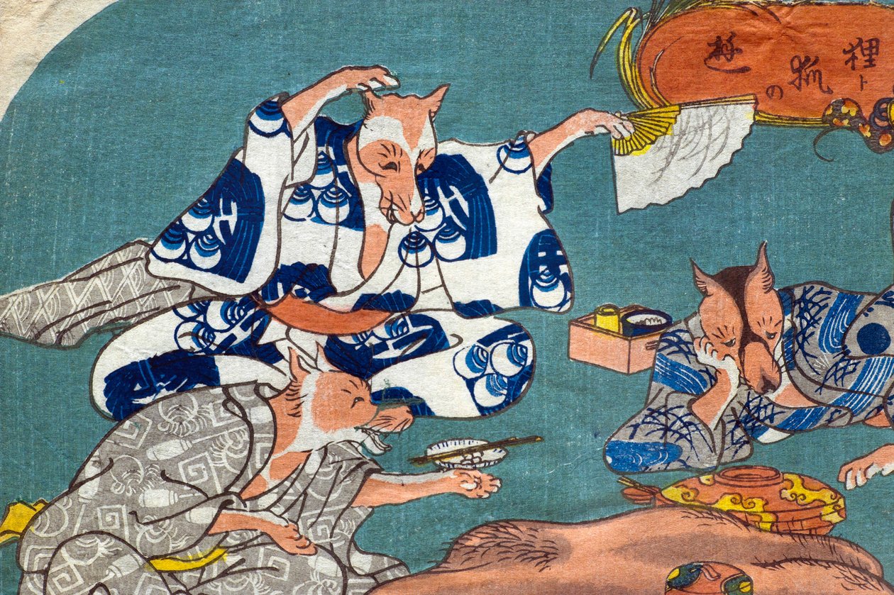 Racoon Dog and Fox at Play (Tanuki to kitsune no asobi), ca 1842 av Utagawa Kuniyoshi
