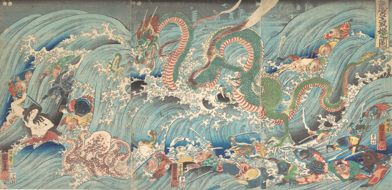 Återställer den stulna juvelen från Drakkungens palats, 1853. av Utagawa Kuniyoshi