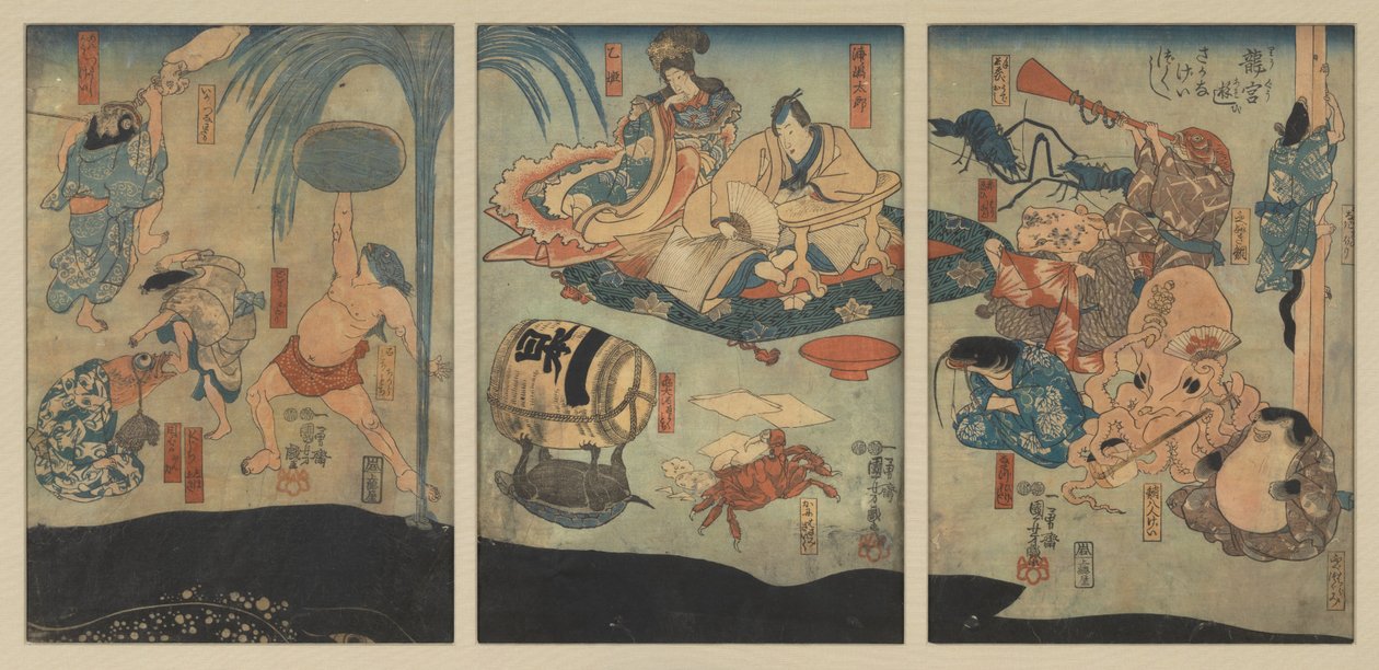 Havsvarelser underhåller Urashima Tarō och Oto Hime i Drakpalatset av Utagawa Kuniyoshi