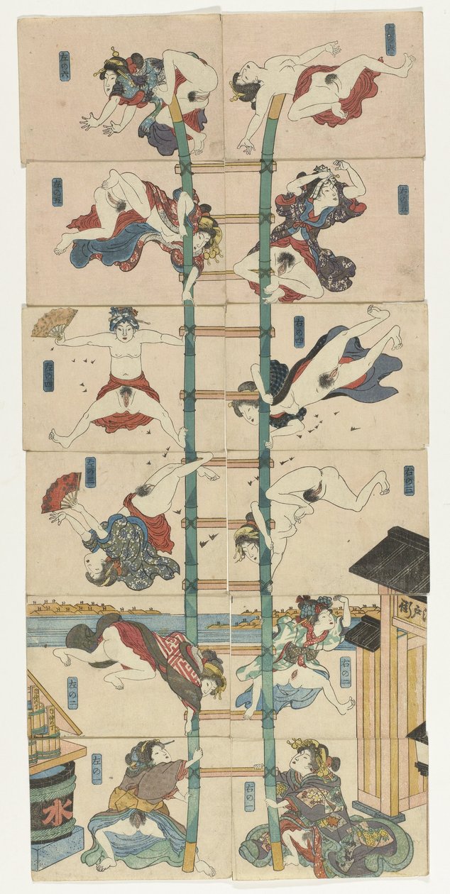 Serie om tolv koban Shunga med prostituerade i rollen som akrobatiska brandmän av Utagawa Kuniyoshi
