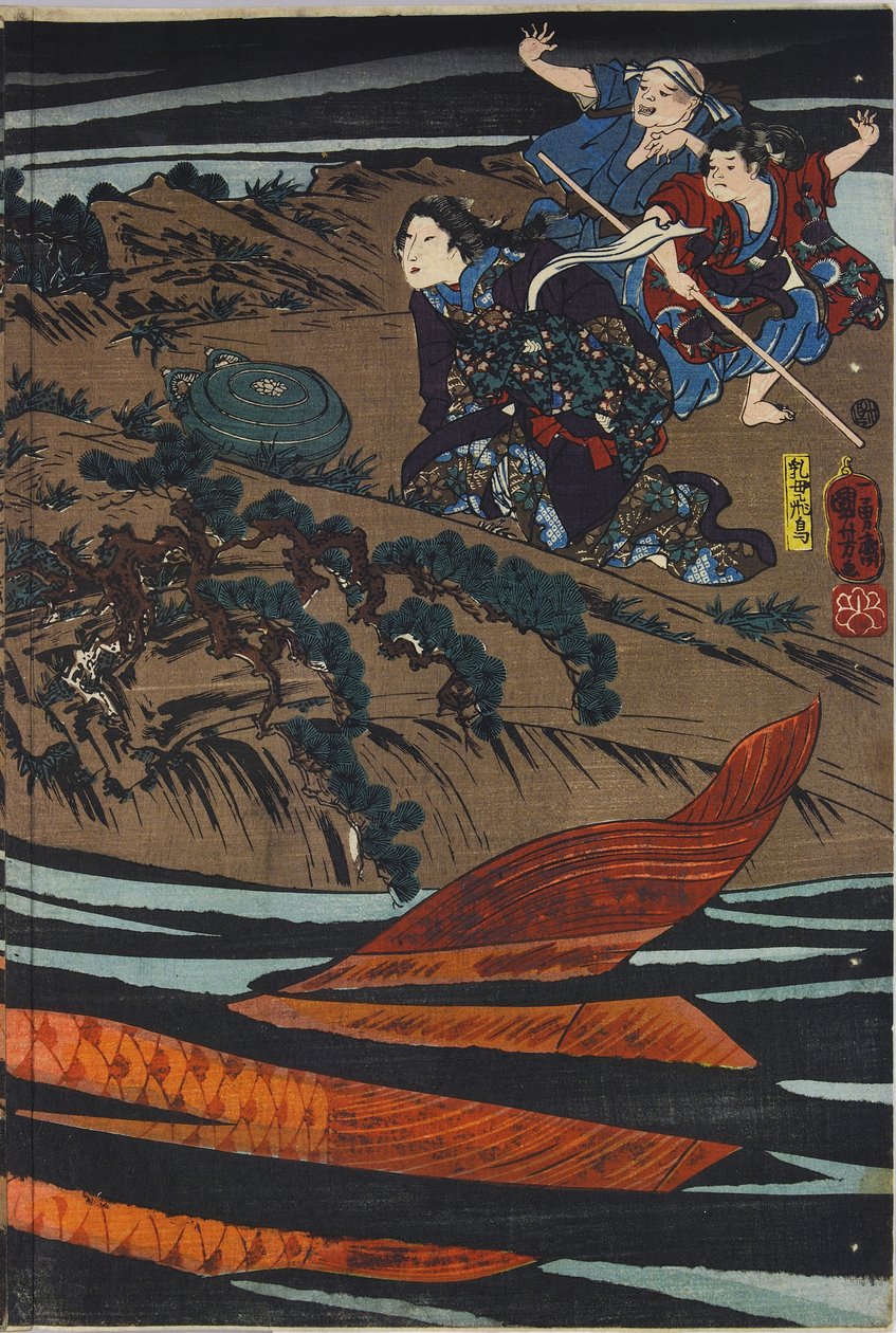 Ark från en triptyk med färgträblock, föreställande Oniwaka-maru (den framtida Musashibo Benkei) på väg att attackera den gigantiska karpen som slukade hans mor: Japan, Edo, av Utagawa Kuniyoshi, ca. 1845 av Utagawa Kuniyoshi