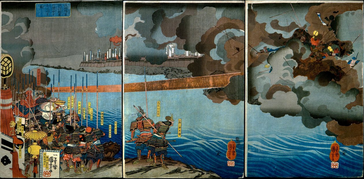 Takeda Shingen krossar Suwa Yorishiges krafter (Takeda Shingen Suwa Yorishige no jinchū o uchi-kuzusu zu), ca 1850-51 av Utagawa Kuniyoshi