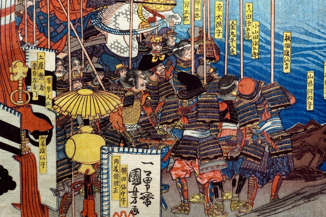 Takeda Shingen krossar Suwa Yorishiges krafter (Takeda Shingen Suwa Yorishige no jinchū o uchi-kuzusu zu), ca 1850-51 av Utagawa Kuniyoshi