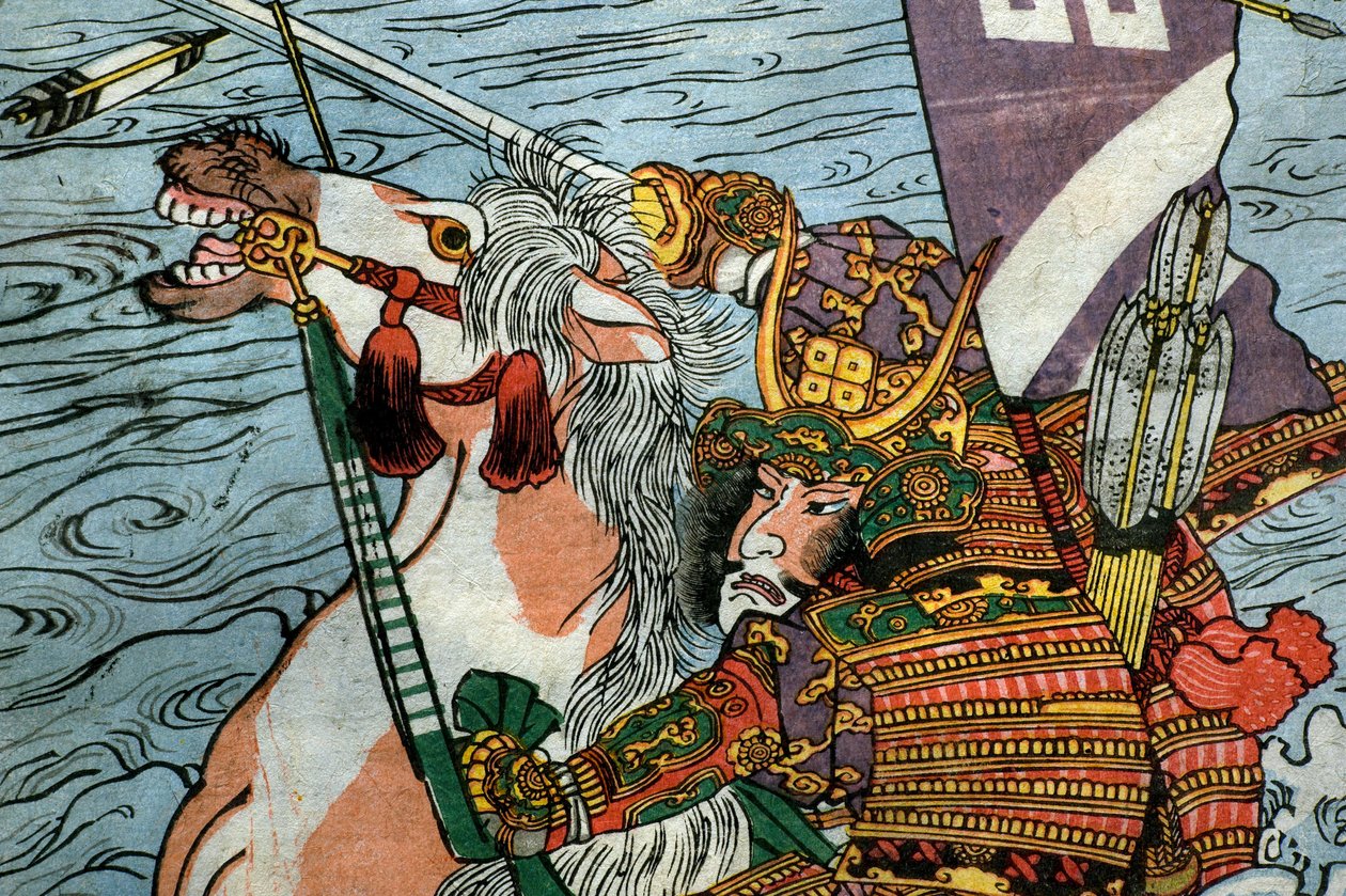 Te straff t et Uji River (figur av slaget vid Ujigawa), ca. 1831-32 av Utagawa Kuniyoshi