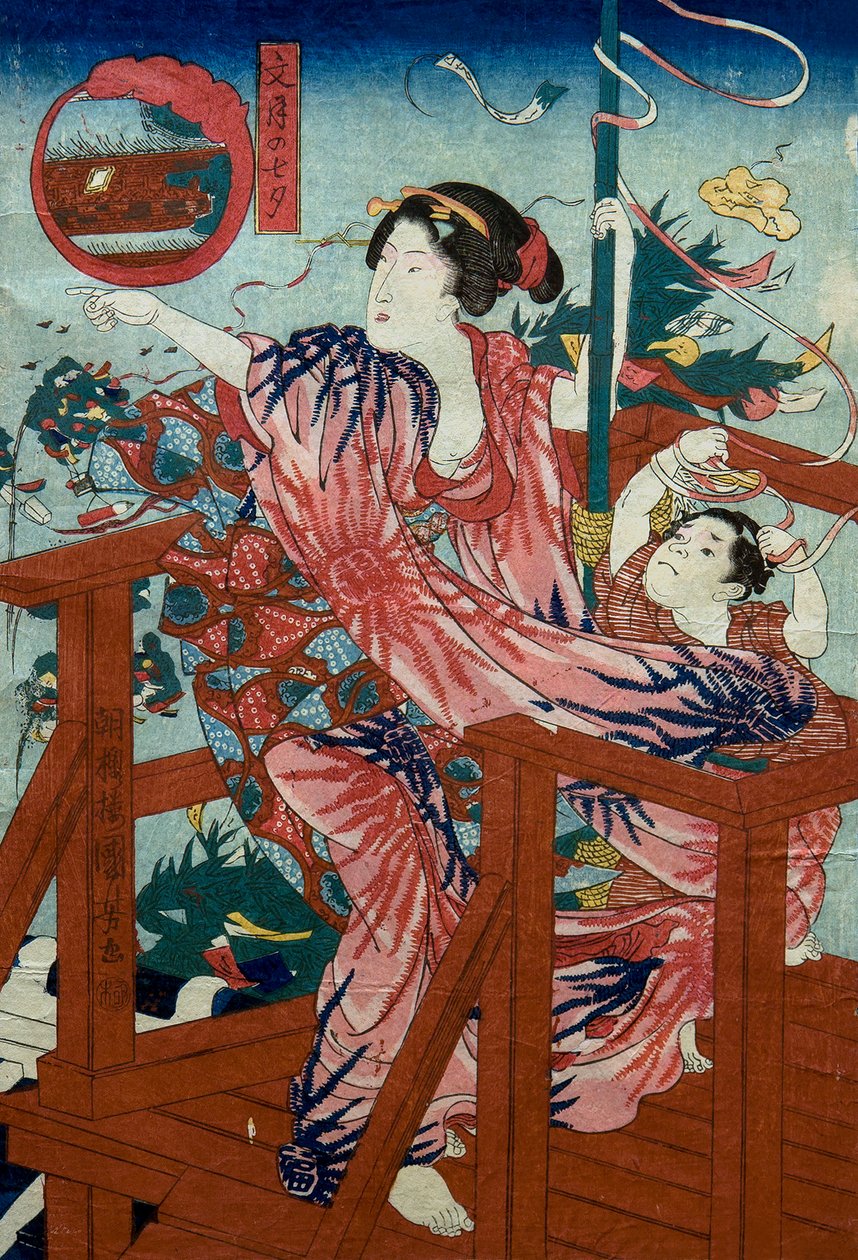 Stjärnfestivalen i den sjunde månaden (Fumizuki no tanabata) Obetiteld serie av kvinnor med barn under de tolv månaderna, ca 1836 av Utagawa Kuniyoshi