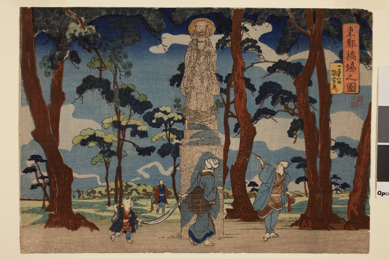 Statyn av Jizo nära färjan vid Hashiba i den östra huvudstaden, från serien Eastern Capital av Utagawa Kuniyoshi