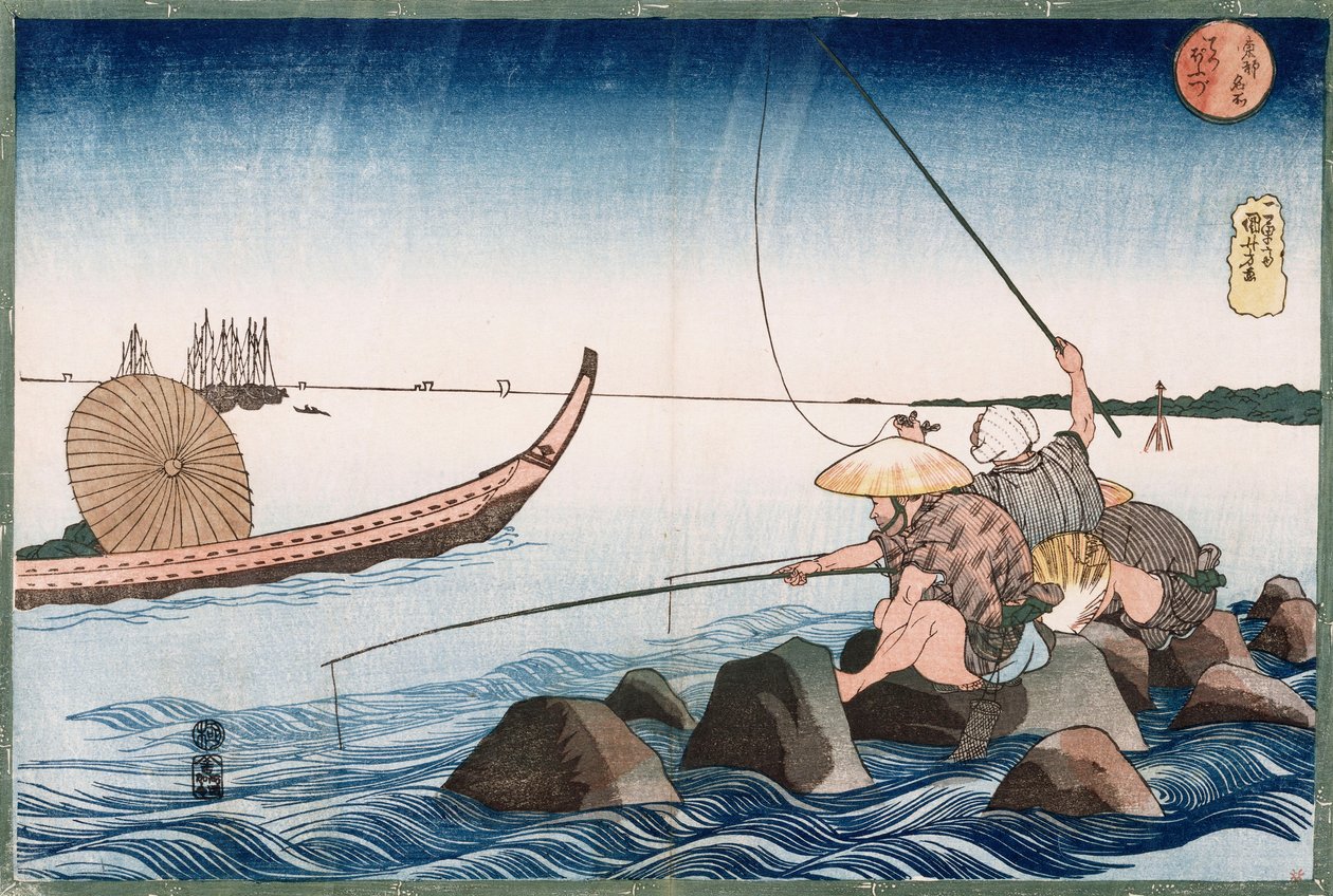 Three Anglers Fishing at Teppozu", från serien "Famous places of the Eastern Capital" av Utagawa Kuniyoshi