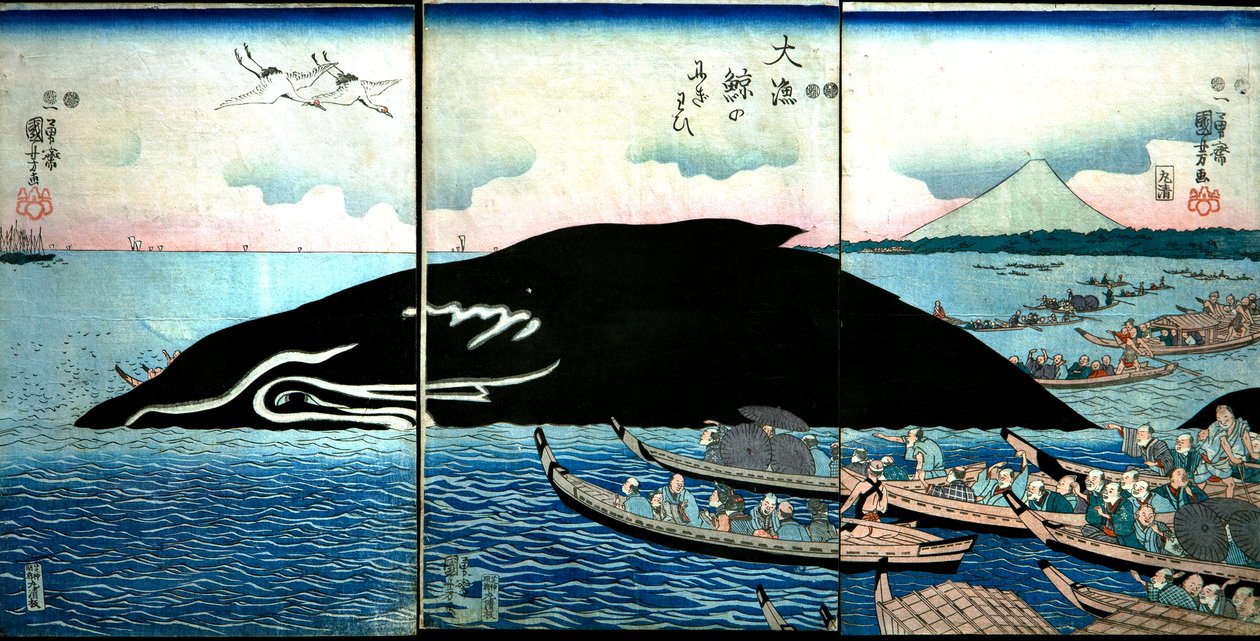 Myller av människor runt en fångade val av Utagawa Kuniyoshi