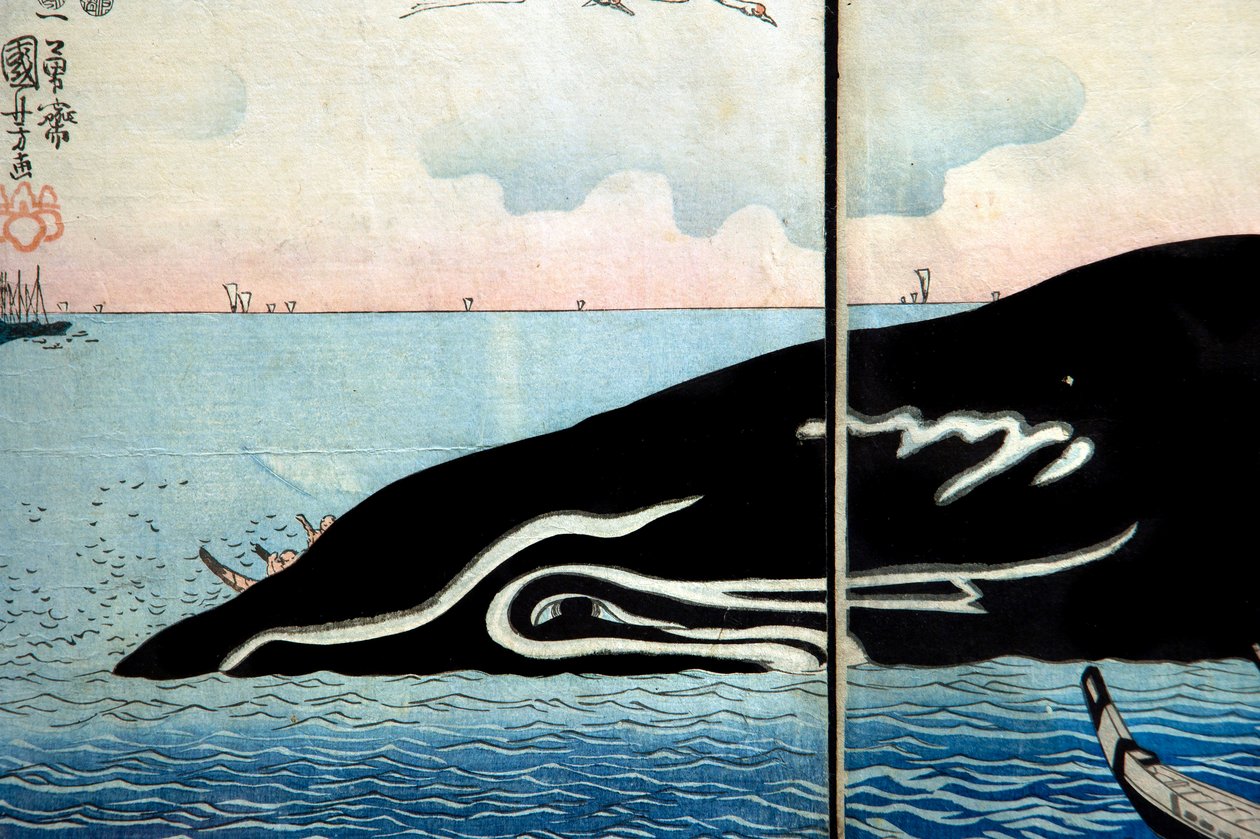 Myller av människor runt en fångade val av Utagawa Kuniyoshi