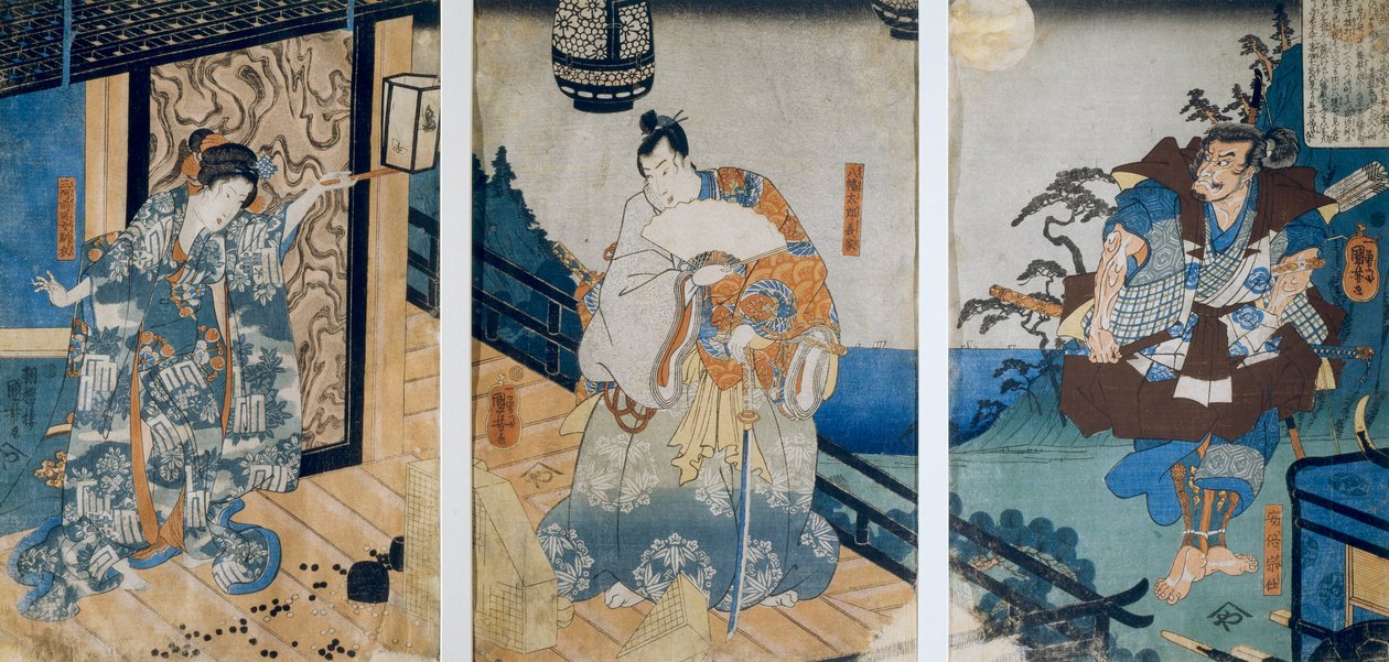 Triptyk med Coxinga äventyr/Watonai av Hachiman Taro Yoshiie, av Utagawa Kuniyoshi av Utagawa Kuniyoshi