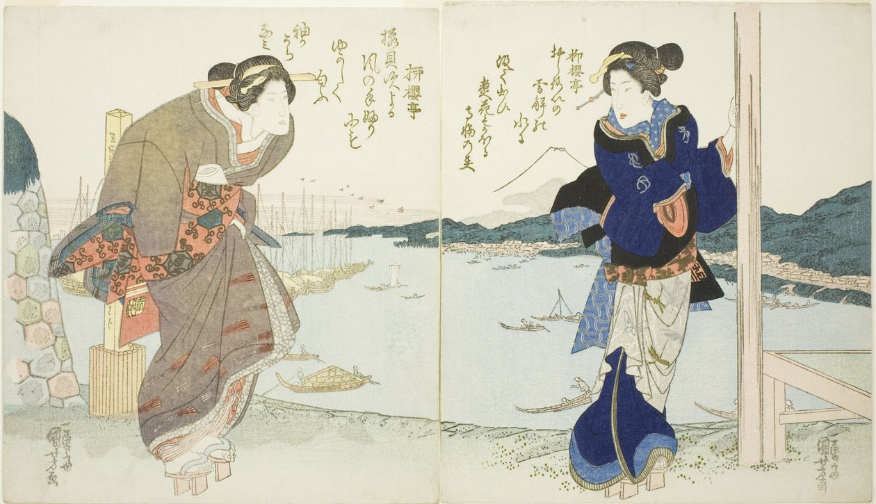 Två kvinnor vid ett tehus i Takanawa av Utagawa Kuniyoshi