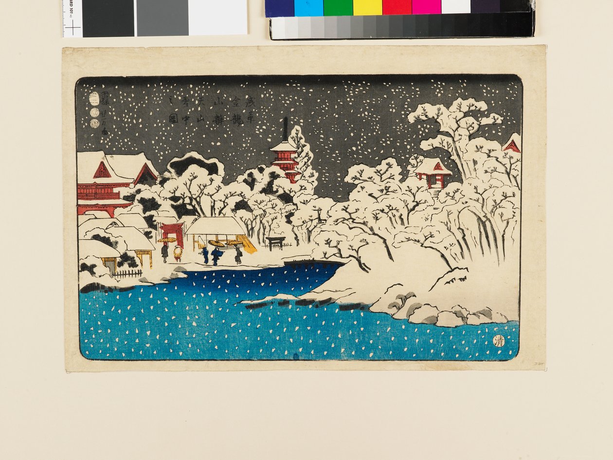 Utsikt över snö vid Benten Hill, Kinryūzan-templet av Utagawa Kuniyoshi