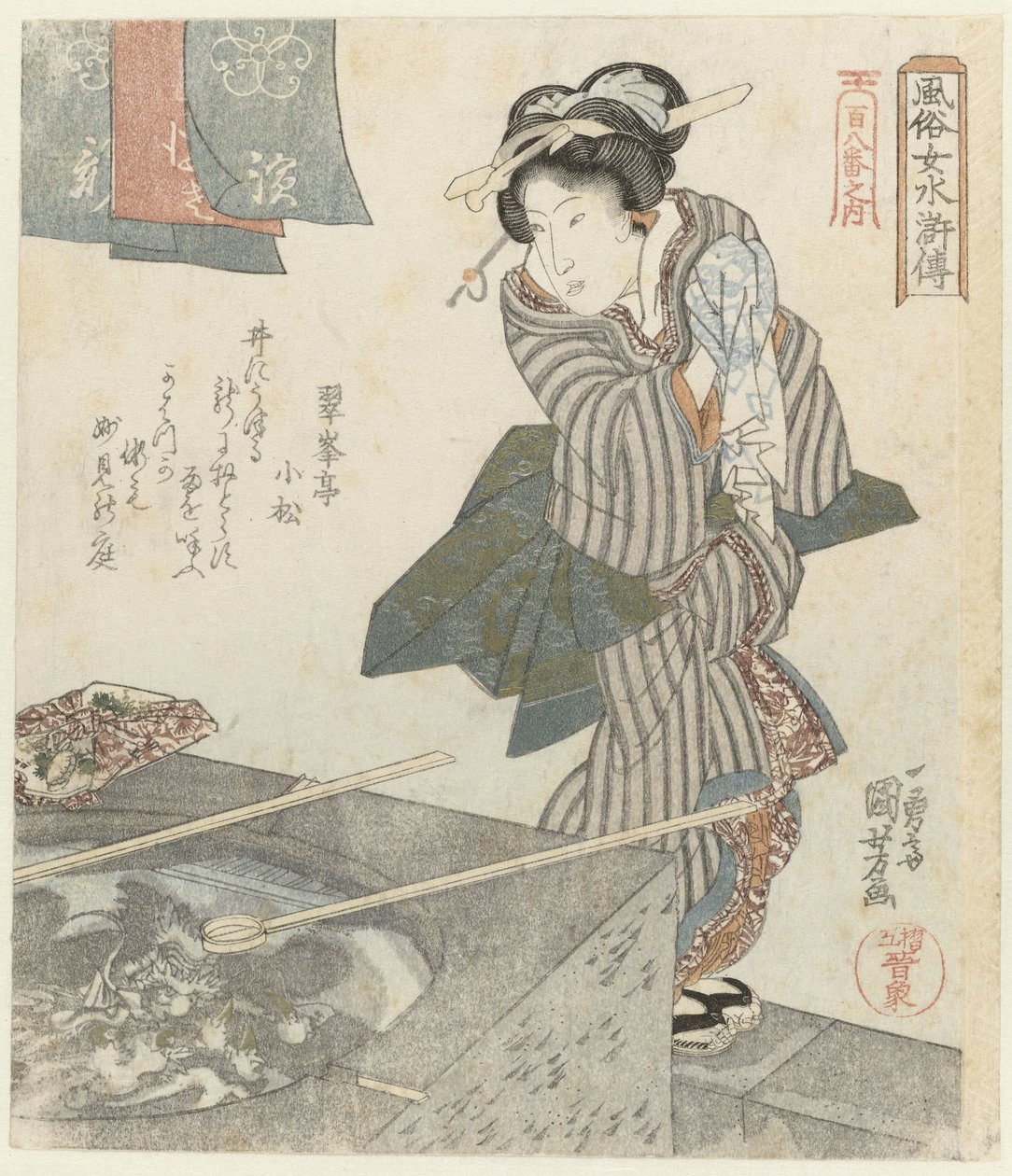 Kvinna vid bra Elegant Women as the Heroes of the Suikoden - från en serie av Hundra och åtta (serietitel) Fûzoku onna Suikoden - Hyakuhachiban no uchi (serietitel på objekt) av Utagawa Kuniyoshi