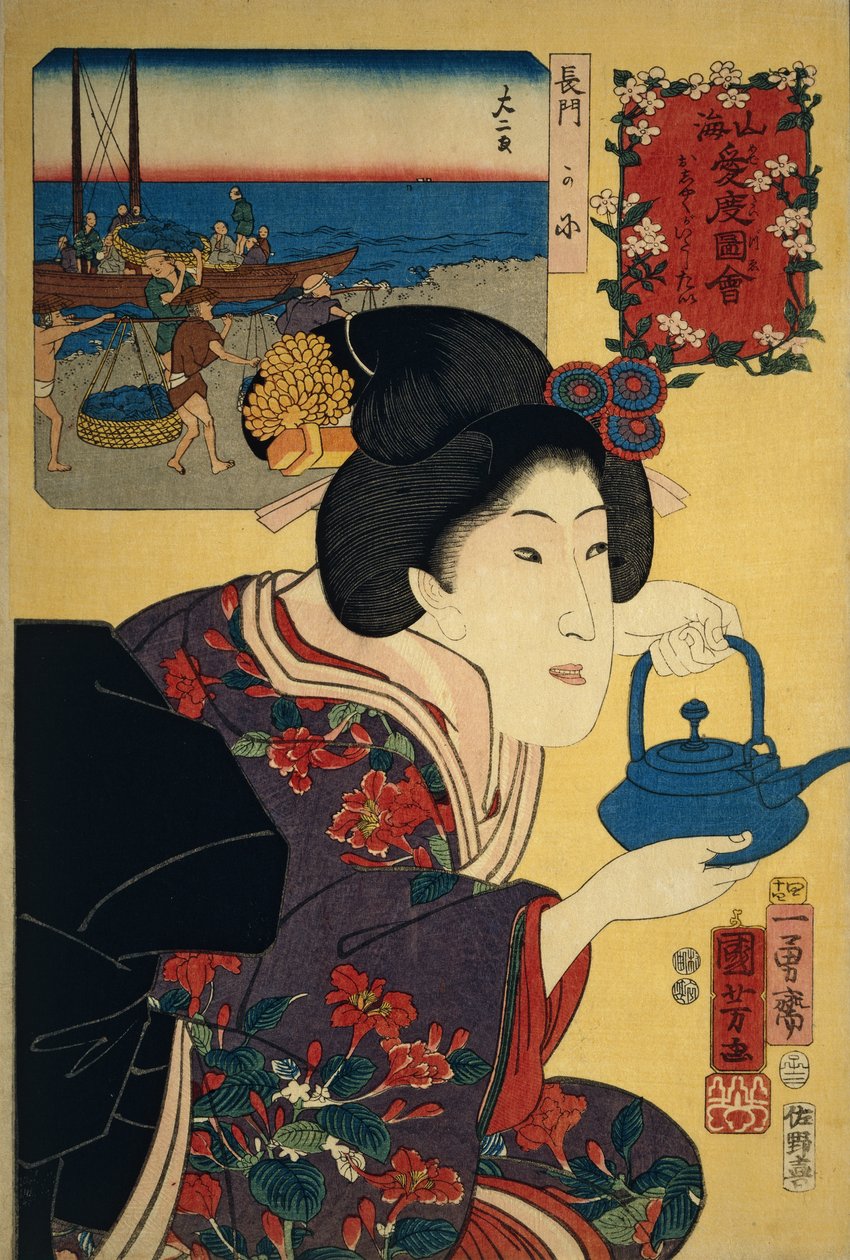 Servitris med sake-vattenkokare, med Nagato-stranden avbildad i bild i bakgrunden av Utagawa Kuniyoshi