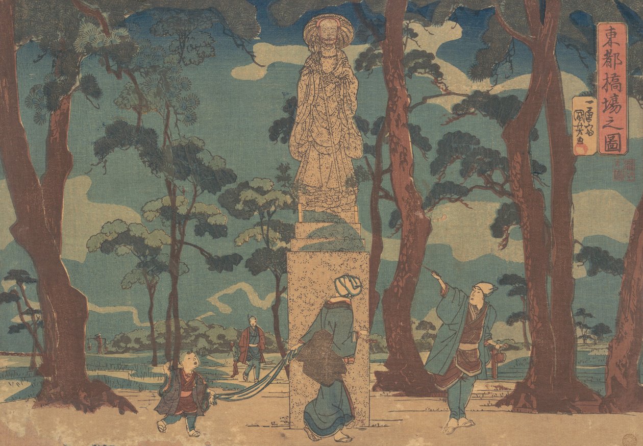 Wayfarers tittar på statyn av Jizo Bosatsu i en talllund vid Hashiba, ca. 1840., av Utagawa Kuniyoshi