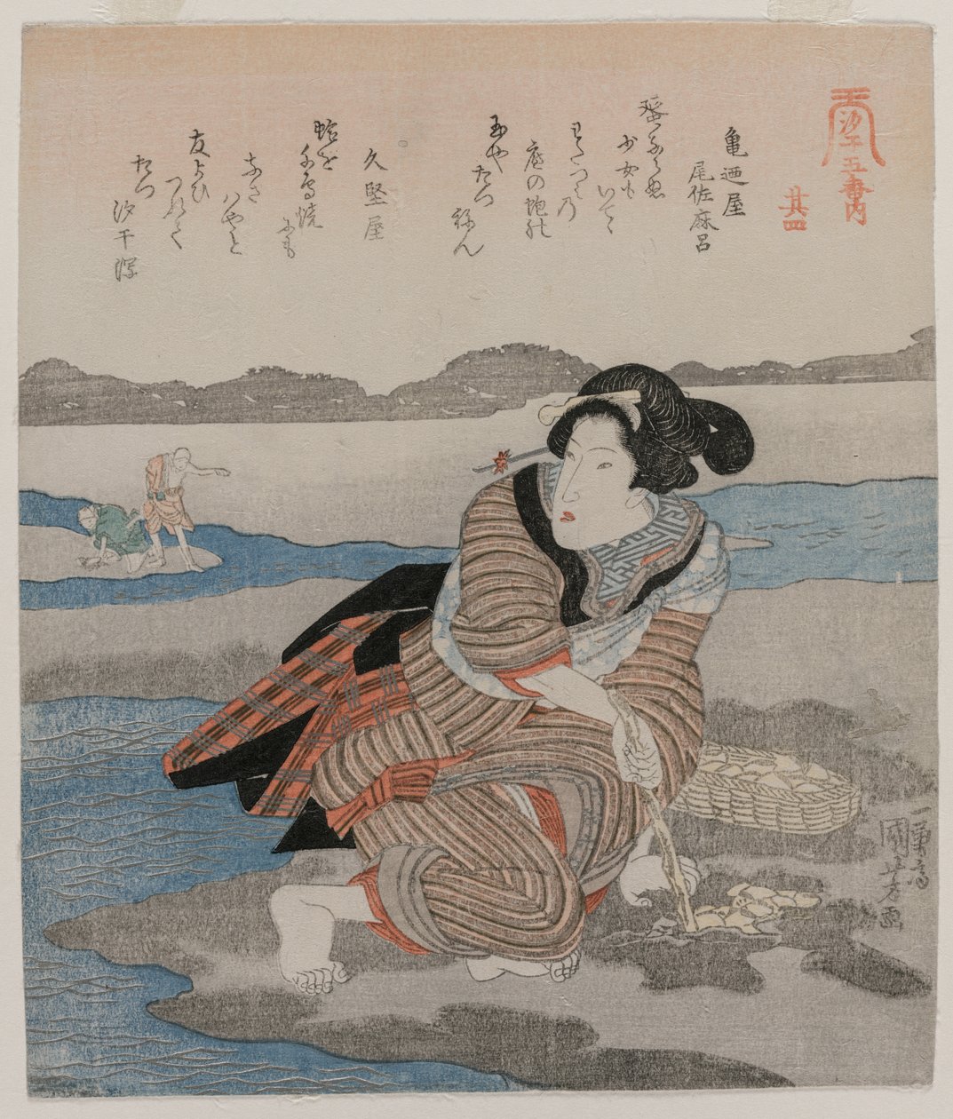 Kvinna som gräver musslor; från serien Fem bilder av lågvatten av Utagawa Kuniyoshi