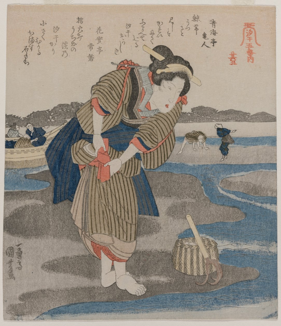Woman Fastening her Skirts, från serien Five Pictures of Low Tide, sent 1820-tal. av Utagawa Kuniyoshi