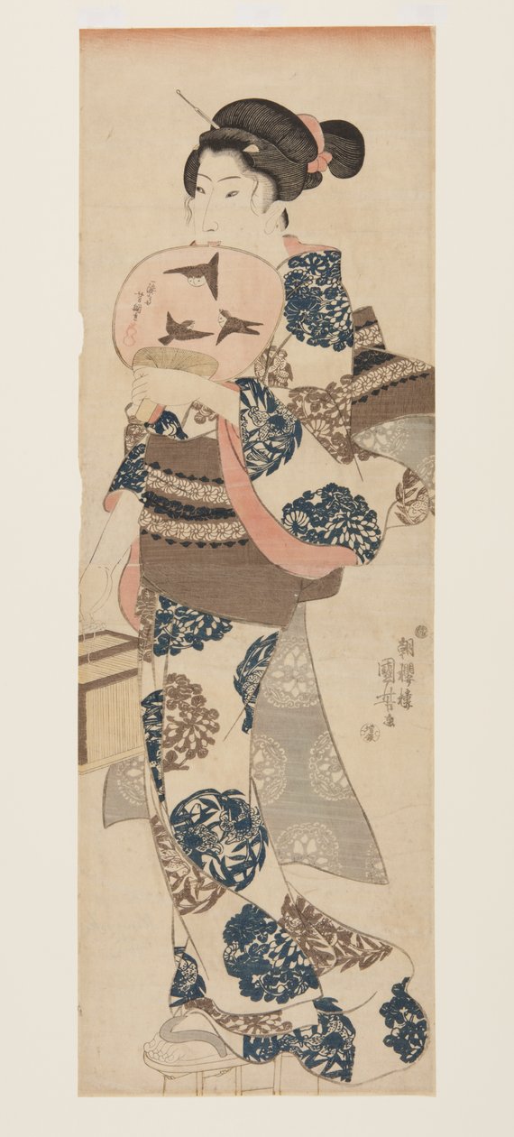 Kvinna med fläkt och insektsbur (träblock i färg) av Utagawa Kuniyoshi
