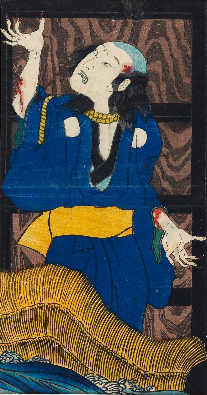 Träblockstryck - scen från pjäsen Yotsu-ya kaidan Berättelsen om Oiwa och Tamiya Iemon av Utagawa Kuniyoshi