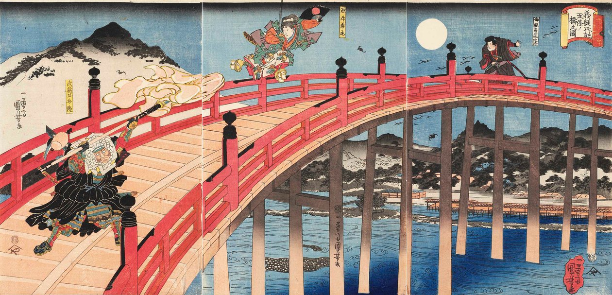Yoshitsune Ichidaiki-figur av Joe No Bridge, Ka 1839. av Utagawa Kuniyoshi