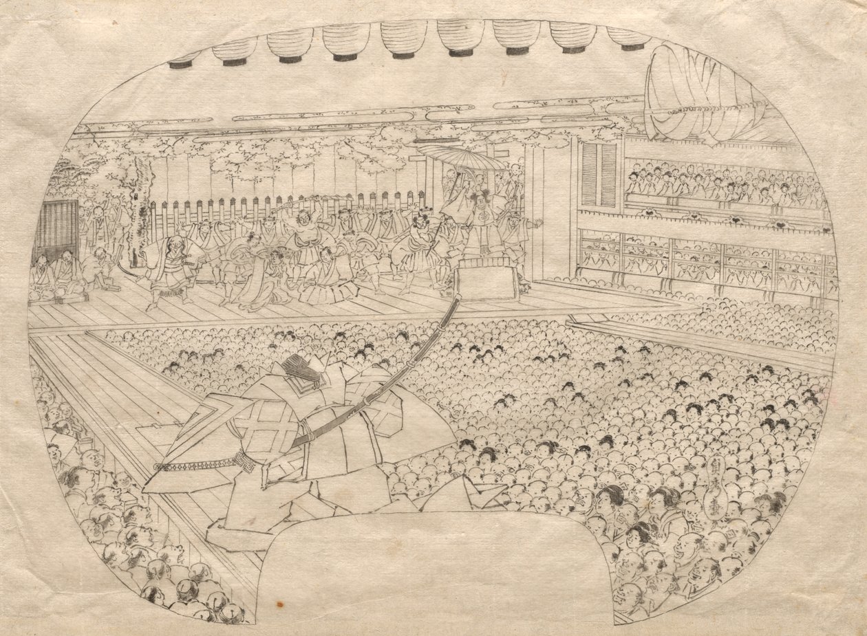 Design för solfjäderformat tryck från Kabuki Theatre av Utagawa Sadahide