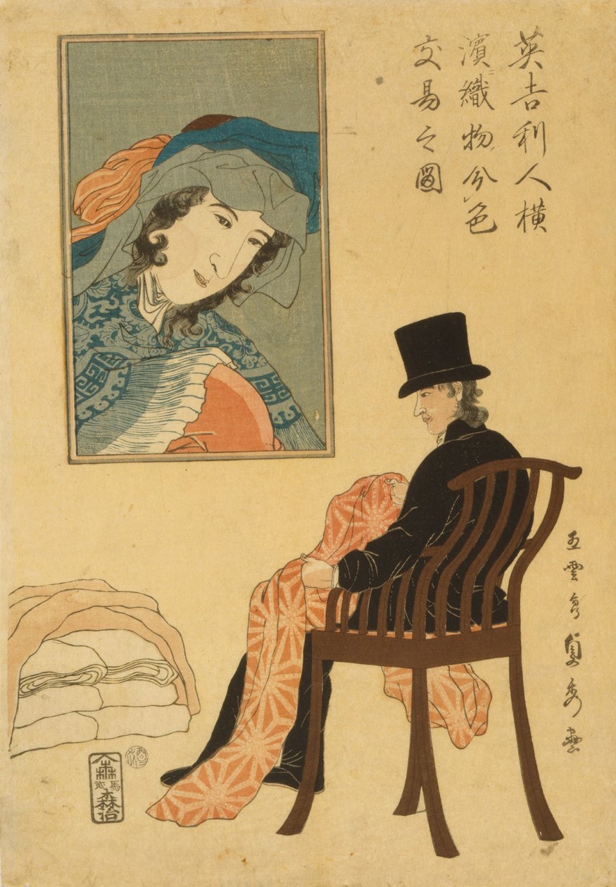 Engelsk handlare som sorterar tyger för handel i Yokohama, 1861 av Utagawa Sadahide
