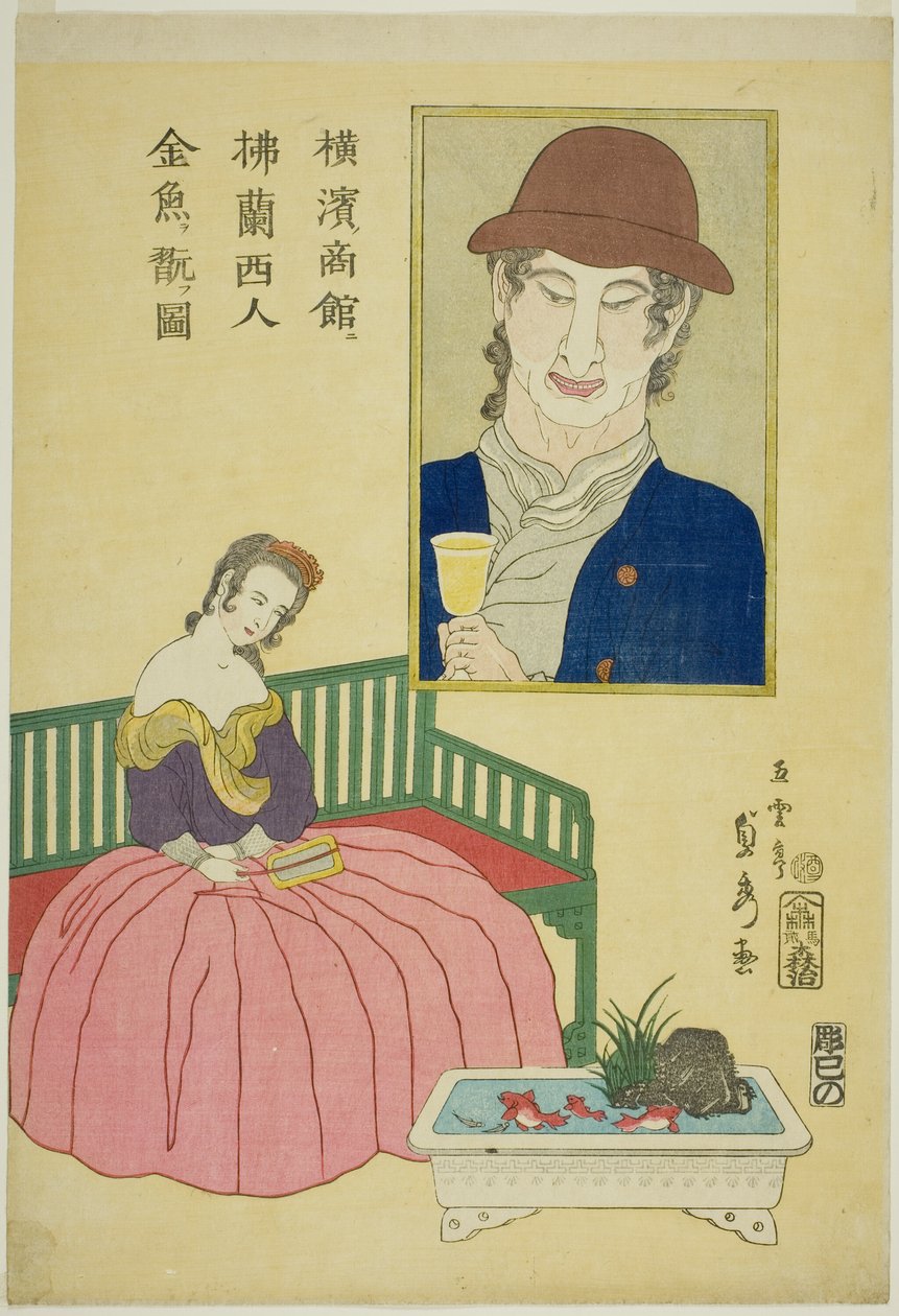 F ren ch wo man beundrar post LD fisk hos författaren Yokohama av Utagawa Sadahide