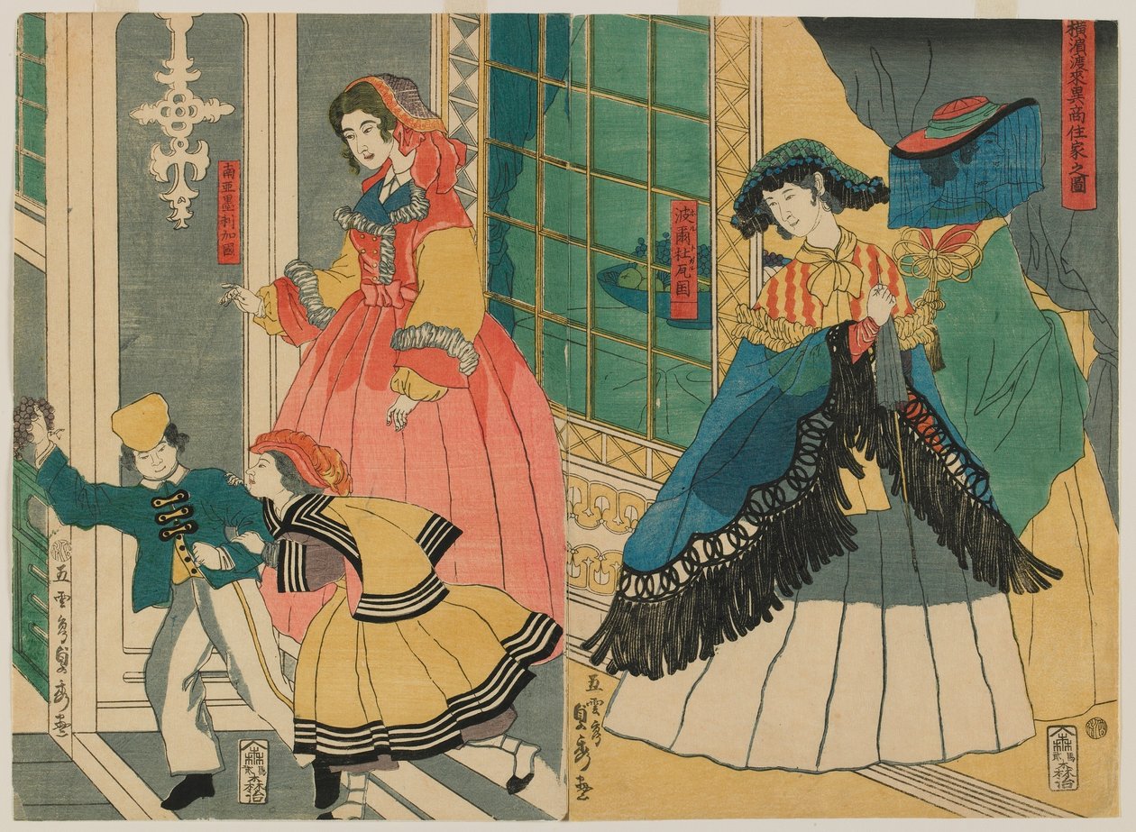 Bild på bostaden för en utländsk handlare från utlandet: Portugal och Sydamerika, Edo-perioden, 1861 (träblock i färg) av Utagawa Sadahide