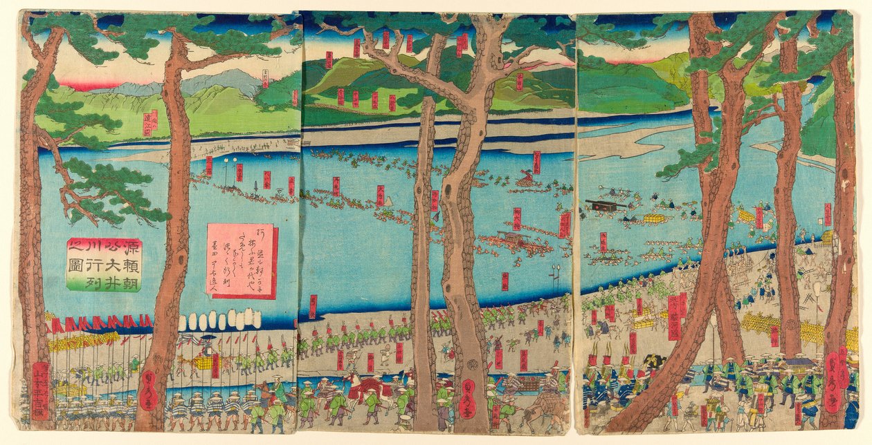 P Roterande ljud av Minamoto no Yoritomo a c Ross tee Rive r av Utagawa Sadahide