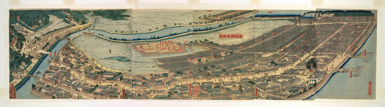 Levi tillbaka d Panorama inte c Vy över Yokohama (startade om Yokohama Prefectural Police) av Utagawa Sadahide