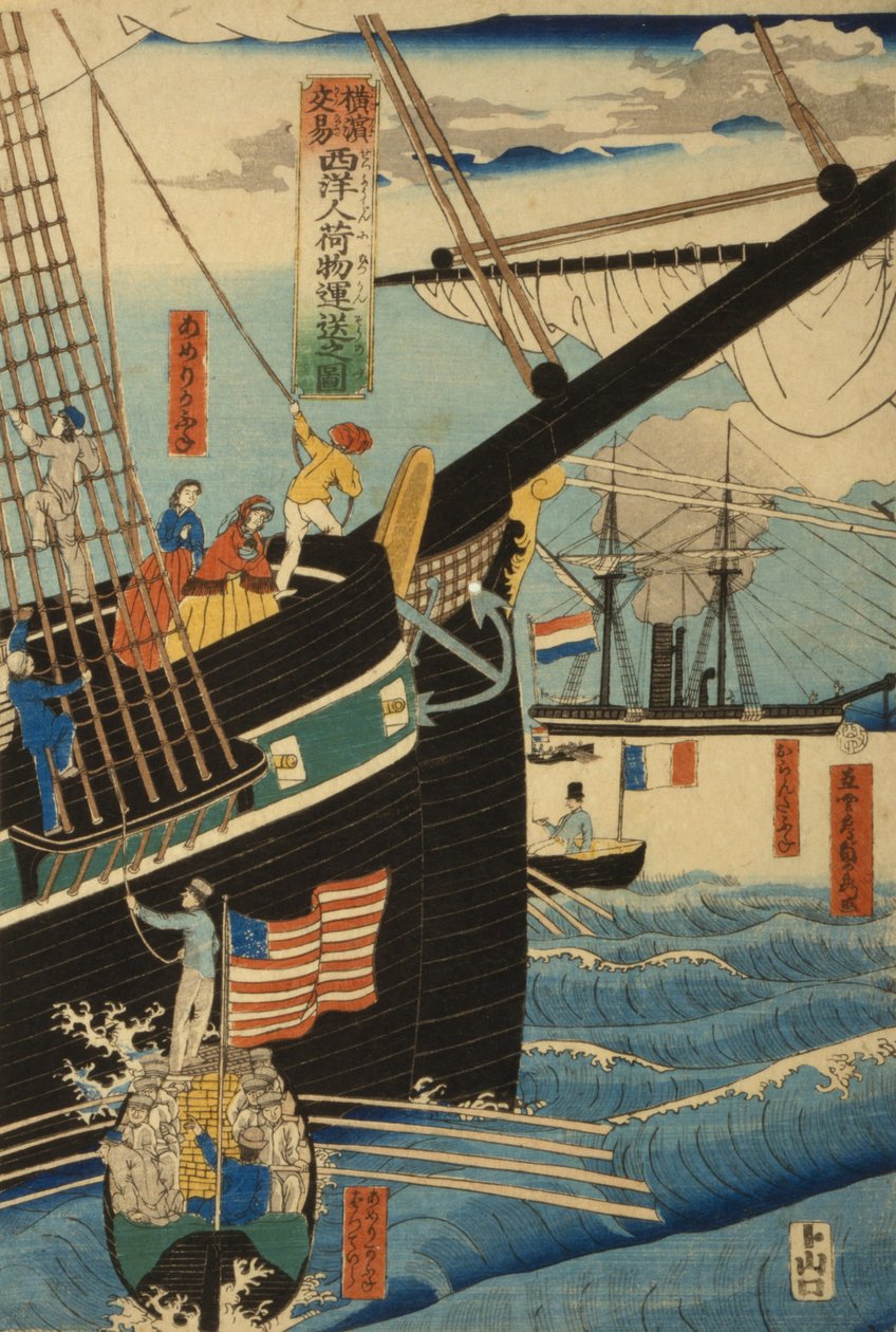 Västerländska handlare i Yokohama som transporterar last och passagerare, 1861 av Utagawa Sadahide