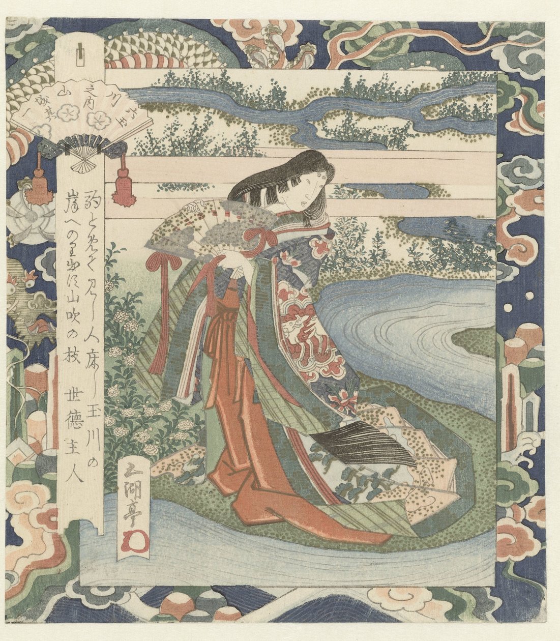 Dam som väntar vid flodstranden Idefloden i Yamashiro, nummer ett Yamashiro - sono ichi (titel på objekt) The Six Jewel Rivers (serietitel) Mutamagawa no uchi (serietitel på objekt) av Utagawa Sadakage