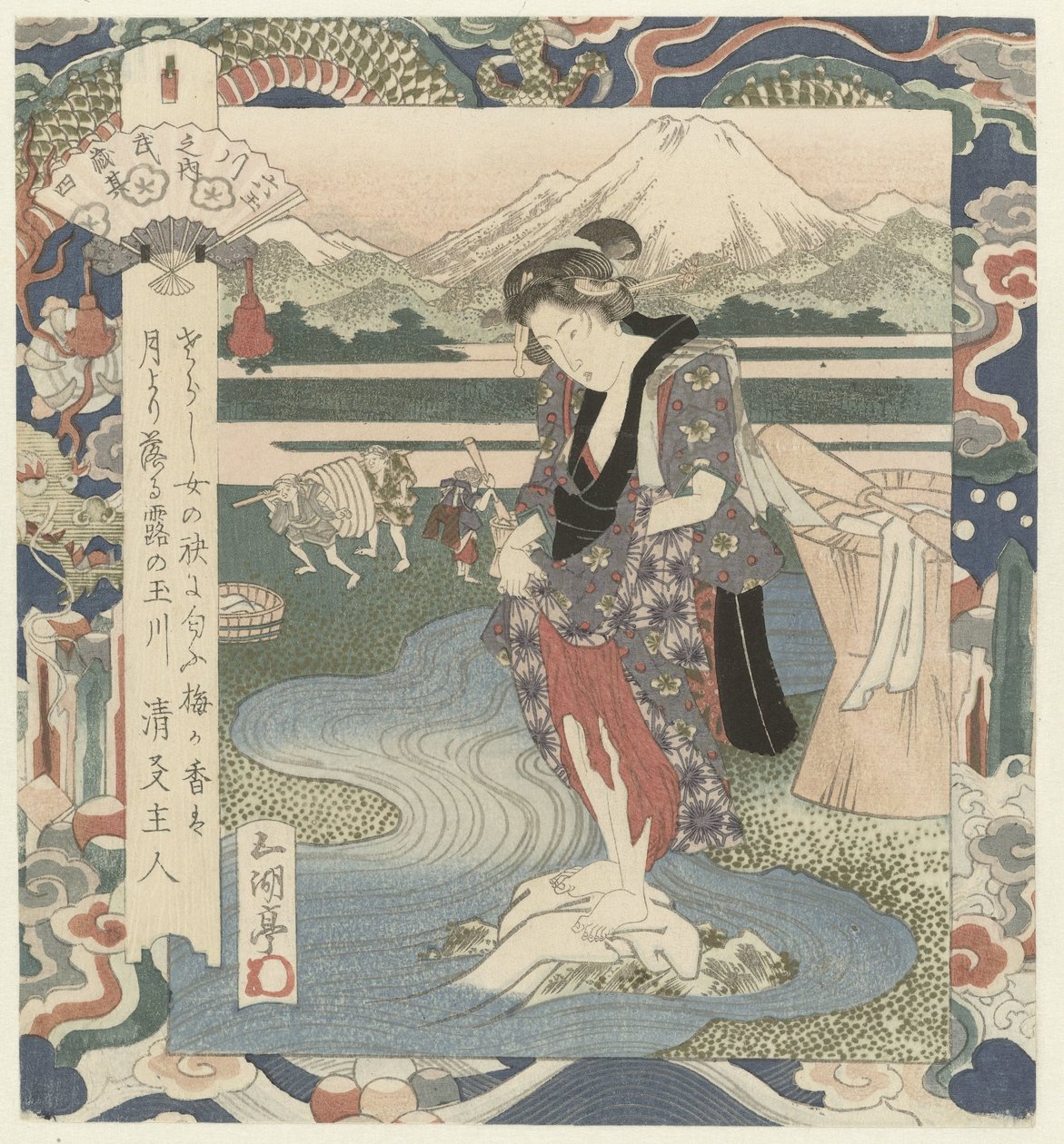 Kvinna tvättar kläder i floden Chôbû-floden i Musashi, nummer fyra Musashi - sono yon (titel på objekt) The Six Jewel Rivers (serietitel) Mutamagawa no uchi (serietitel på objekt) av Utagawa Sadakage
