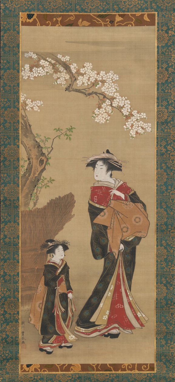 Courtesan och hennes skötare under ett körsbärsträd, tidigt 1800-tal. av Utagawa Toyoharu