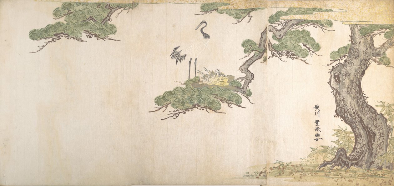 Crane och deras ungar i sitt bo i grenarna på en tall, ca. 1790. av Utagawa Toyoharu