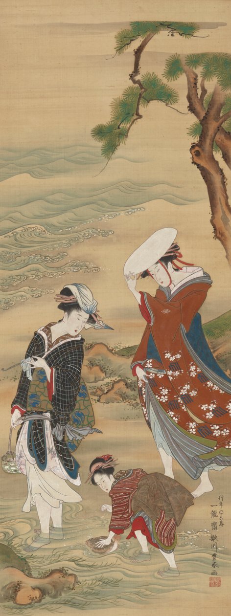Två kvinnor och en flicka på stranden av Utagawa Toyoharu